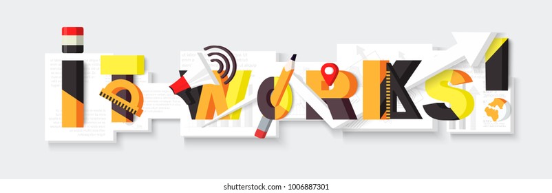 It Works text inscription in modern typography. Colorful geometric style with Arrow, Loudspeaker, Pencil, Ruler, Protractor,  . Can be used on Flyers Banners Web or Typography Poster. 