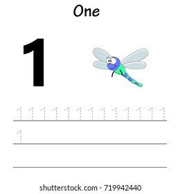 Worksheet with 1 dragonfly. Number one tracing practice. Preschool education. Vector illustration.