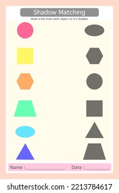 Worksheet 2D Colorful Geometric shapes. draw lines to match the shadows with the correct picture on the right. Learning materials for preschool kids. Logical game for kindergarten.