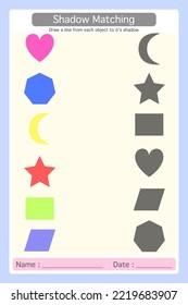 Formas geométricas coloridas 2D de hoja de cálculo. trazar líneas que coincidan con las sombras con la imagen correcta a la derecha. Material didáctico para niños de preescolar. Juego lógico para guardería.