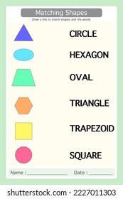 Formas geométricas coloridas 2D de hoja de cálculo. dibujar una línea para que coincida con las formas y las palabras. Material didáctico para niños de preescolar. Juego lógico para guardería.