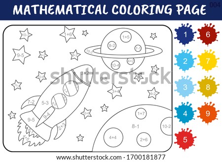 Worksheet with addition and subtraction for children. Developing skills for counting.  Solve examples and paint with  blue and red cartoon rocket in space, among stars and planets in relevant 