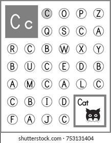 Worksheet. Alphabet activity for pre schoolers and kindergarten. Find the letter C and paint. Printable page.Painting page.Vector illustration.