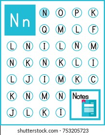Worksheet. Alphabet activity for pre schoolers and kindergarten. Find the letter N and paint. Printable page.Painting page.Vector illustration.