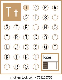 Worksheet. Alphabet activity for pre schoolers and kindergarten. Find the letter T and paint. Printable page.Painting page.Vector illustration.