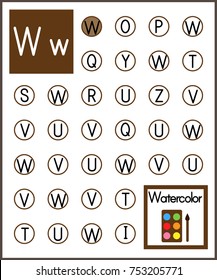 Worksheet. Alphabet activity for pre schoolers and kindergarten. Find the letter W and paint. Printable page.Painting page.Vector illustration.