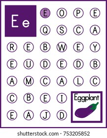 Worksheet. Alphabet activity for pre schoolers and kindergarten. Find the letter E and paint. Printable page.Painting page.Vector illustration.