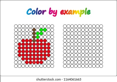 Worksheet.  apple - puzzle task, game for preschool  kids. Color by example. Coloring book. Vector illustration. Paint the circles.