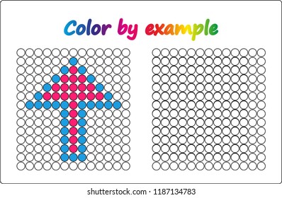 Worksheet.  arrow - puzzle task, game for preschool  kids. Color by example. Coloring book. Vector illustration. Paint the circles.