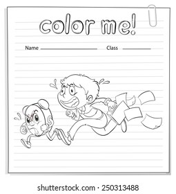 A worksheet with a boy and a clock running on a white background