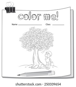 A worksheet with a boy under the money tree on a white background