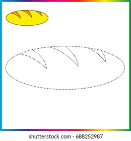 Worksheet,  bread, connect the dots and coloring page - game for kids. Restore dashed line - trace game for children. 