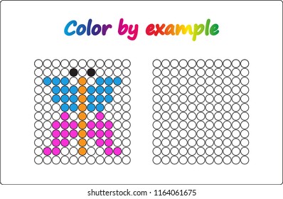 Hoja de cálculo.   mariposa - tarea de puzzle, juego para niños de preescolar. Color por ejemplo. Libro de colorear. Ilustración vectorial. Pinte los círculos.