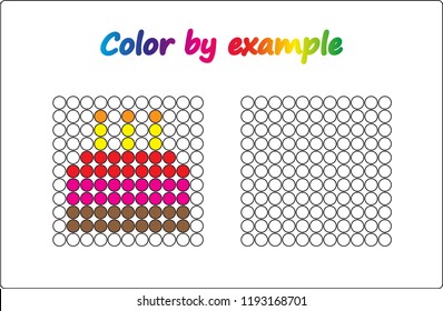 Worksheet.   cake - puzzle task, game for preschool  kids. Color by example. Coloring book. Vector illustration. Paint the circles.