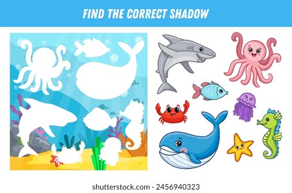 worksheet with cartoon sea animals for kids, puzzle. Find correct shadow of ocean animals. Educational logical game for kids. Underwater landscape. Vector