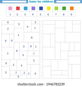Worksheet for children. Color the empty shapes by number and color. Development of attention