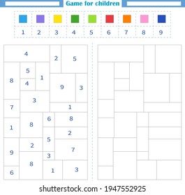 Worksheet for children. Color the empty shapes by number and color. Development of attention