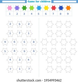 Worksheet for children. Color the empty shapes by number and color. Development of attention