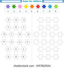 Worksheet for children. Color the empty shapes by number and color. Development of attention