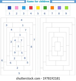 Worksheet for children. Color the empty shapes by number and color. Development of attention