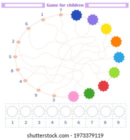 Worksheet for children. Draw the lines. from number to color. Paint an empty shape with the appropriate color