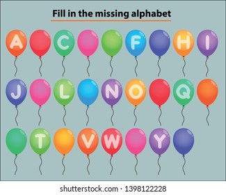 Worksheet for children with exercise for study English alphabet. Find the missing letters and write them in relevant places.