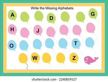 Worksheet for children with exercise for study English alphabet. Find the missing letters and write them in relevant places. Capital letter.