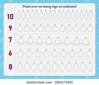  Worksheet for children. Paint over so much how many Christmas tree decorations are indicated