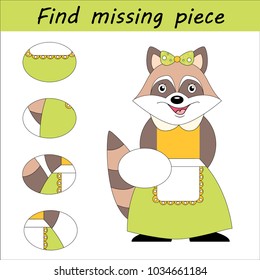 Worksheet for Children. Visual logic puzzle: Find missing piece - Puzzle game for kids with racoon girl