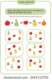 Worksheet  coding activity for toddler and kindergarden kids. Printable fun colorful fruit