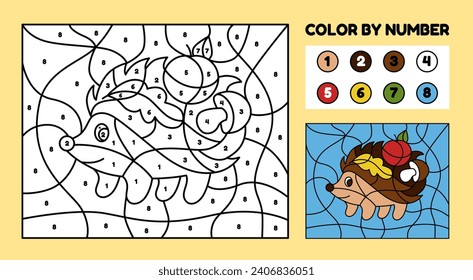 Worksheet coloring puzzle. Cartoon hedgehog. Autumn apple leaves or mushroom. Colors by numbers. Find paints. Kawaii animal. Logic game. Children contour drawing. Education book. Vector kids tidy page