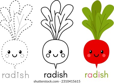 Worksheet colouring book with cute and funny radish. Nice educational game for kids 