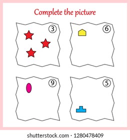 Worksheet. Complete the picture. Learn math. Mathematical puzzle game. Draw the number of objects that is equal to the number in the circle