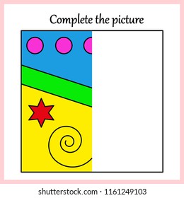Worksheet. Complete the picture, puzzle task, game for kids. Coloring book.