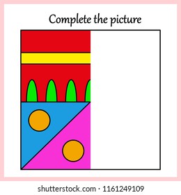 Worksheet. Complete the picture, puzzle task, game for kids. Coloring book.