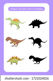 Worksheet connect the dinosaur with its shadow. Educational game for children. Trains attention and concentration. Vector illustration