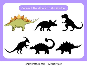 Worksheet connect the dinosaur with its shadow. Educational game for children. Trains attention and concentration. Vector illustration