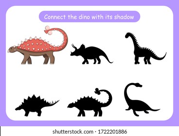 Arbeitsblatt verbindet den Dinosaurier mit seinem Schatten. Erziehungsspiel für Kinder. Aufmerksamkeit und Konzentration der Züge. Vektorgrafik