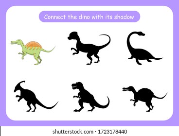 Worksheet connect the dinosaur with its shadow. Educational game for children. Trains attention and concentration. Vector illustration
