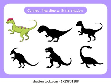 Worksheet connect the dinosaur with its shadow. Educational game for children. Trains attention and concentration. Vector illustration
