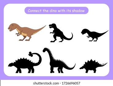 Worksheet connect the dinosaur with its shadow. Educational game for children. Trains attention and concentration. Vector illustration