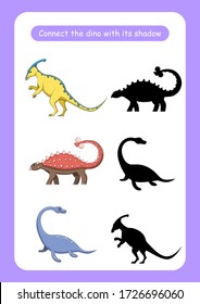 Worksheet connect the dinosaur with its shadow. Educational game for children. Trains attention and concentration. Vector illustration