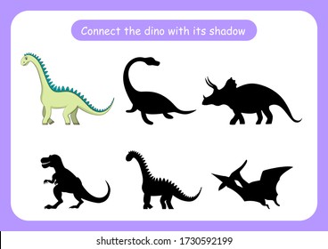 Worksheet connect the dinosaur with its shadow. Educational game for children. Trains attention and concentration. Vector illustration