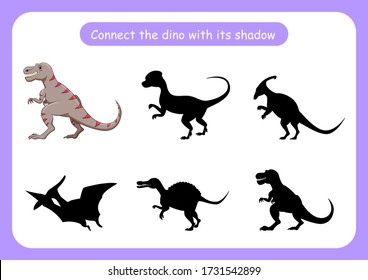 Worksheet connect the dinosaur with its shadow. Educational game for children. Trains attention and concentration. Vector illustration