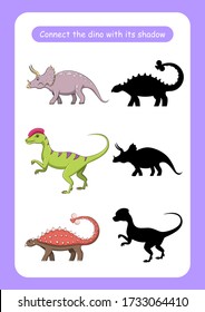 Worksheet connect the dinosaur with its shadow. Educational game for children. Trains attention and concentration. Vector illustration