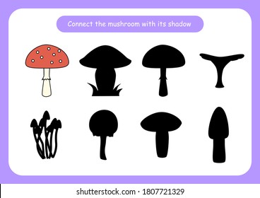 Worksheet connect the mushroom with its shadow. Educational game for children. Trains attention and concentration. Vector illustration