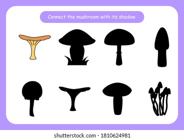 La hoja de cálculo conecta el hongo con su sombra. Juego educativo para niños. Entrena atención y concentración. Ilustración del vector