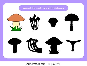 Arbeitsblatt verbindet den Pilz mit seinem Schatten. Erziehungsspiel für Kinder. Aufmerksamkeit und Konzentration der Züge. Vektorgrafik