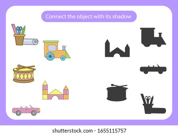 Worksheet connect the toy with its shadow. Educational game for children. Trains attention and concentration. Vector illustration