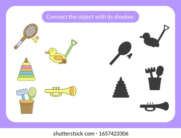 Worksheet connect the toy with its shadow. Educational game for children. Trains attention and concentration. Vector illustration